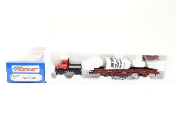 Roco H0 47497 Güterwagen Niederbordwagen mit Schienen-Unimog 8 127-0 DB / NEM