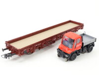 Roco H0 47497 Güterwagen Niederbordwagen mit Schienen-Unimog 8 127-0 DB / NEM