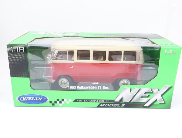 Welly NEX 18054GW Modellauto PKW VW T1 Bus (1963) red -cream / 1:18 OVP