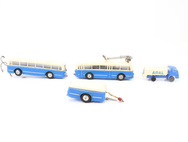 Eheim u.a. H0 Modellauto Bus Trolleybus 3-tlg. weiß-blau mit zus. Tankwagen ARAL