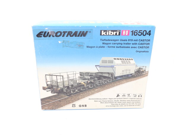 Kibri H0 16504 Waggon UNION Schienentiefladewagen Uaai 819 mit CASTOR-Behälter