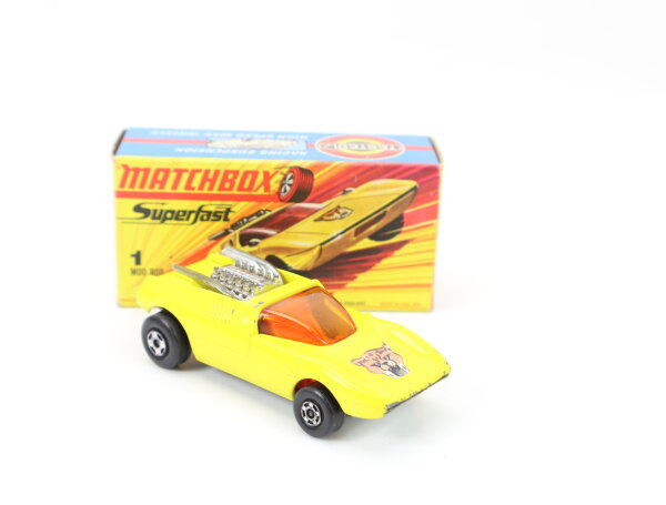 Matchbox Superfast No. 1 Modellauto PKW Mod Rod gelb mit Tigerlabel 1971 / OVP