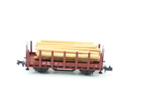 Minitrix N 51 3587 00 Güterwagen Rungenwagen mit Holz-Ladung DB 527-6