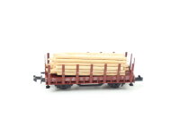 Minitrix Spur N 51 3587 00 Güterwagen Rungenwagen mit Holz-Ladung DB 527-6 / OVP