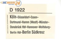 E244a Zuglaufschild Waggonschild D 1922 Düsseldorf - Hannover - Berlin-Südkreuz