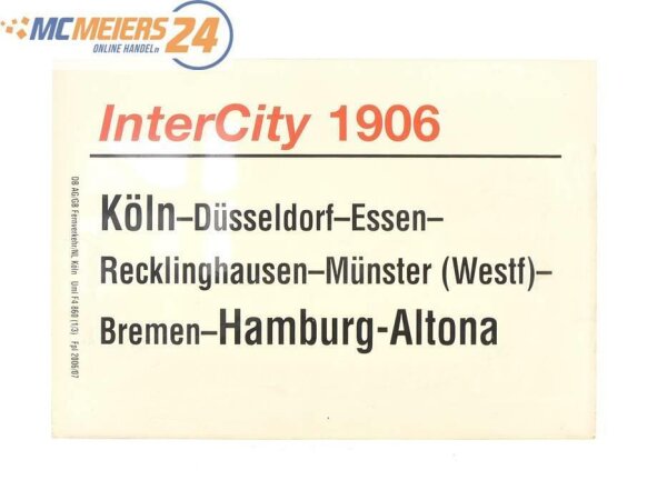 E244 Zuglaufschild Waggonschild InterCity 1906 Köln - Münster - Hamburg-Altona