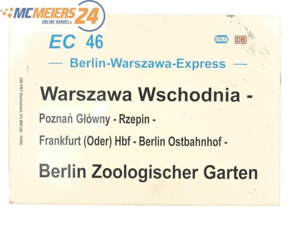 E244 Zuglaufschild Waggonschild EC 46 PKP DB Warszawa Wschodnia - Berlin Zoo