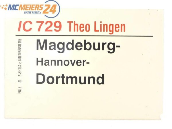 E244 Zuglaufschild Waggonschild IC 729 "Theo Lingen" Magdeburg - Dortmund