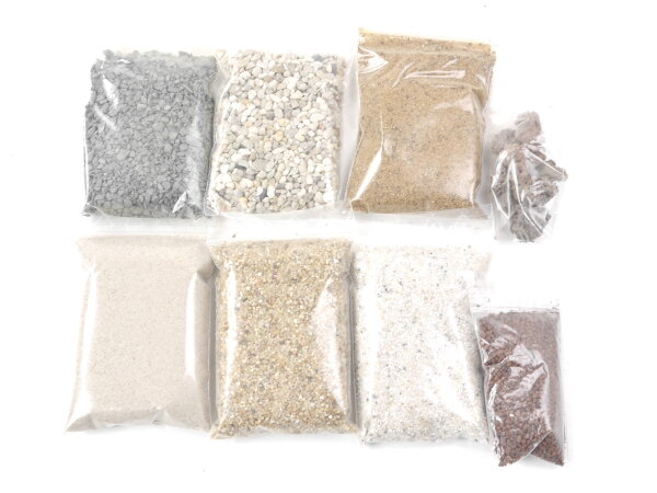 Landschaftsbau 8-tlg. Streumaterial Kies Schotter Sand Steine vers. Farben