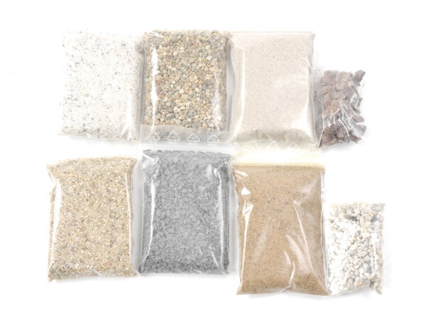 Landschaftsbau 8-tlg. Streumaterial Kies Schotter Sand Steine vers. Farben