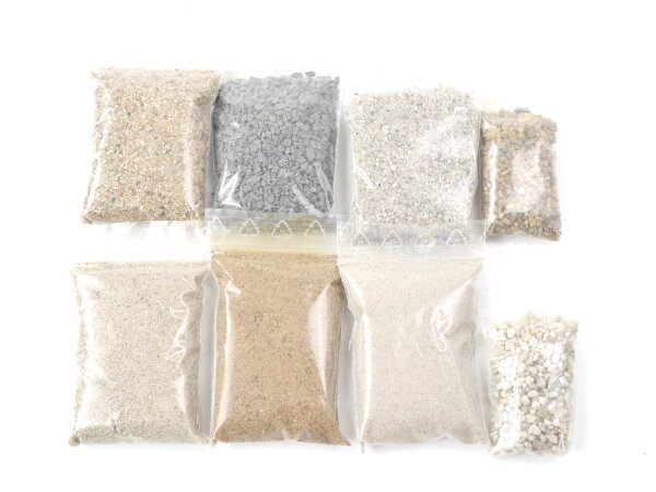 Landschaftsbau 8-tlg. Streumaterial Kies Schotter Sand Steine vers. Farben