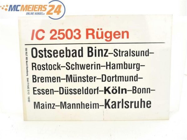 E244 Zuglaufschild Waggonschild IC 2503 "Rügen" Ostseebad Binz - Karlsruhe