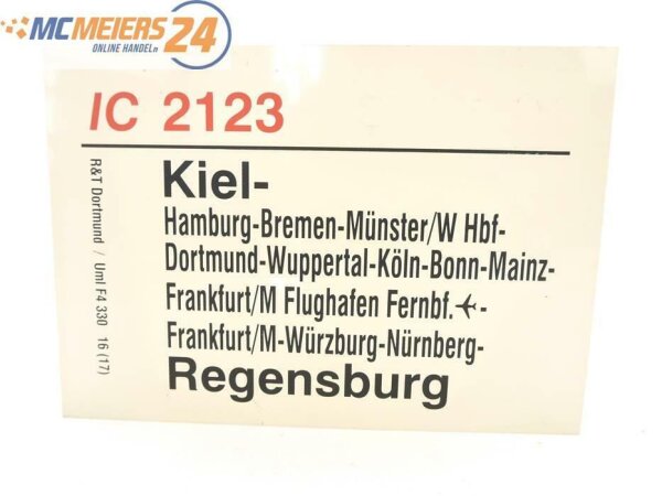E244 Zuglaufschild Waggonschild IC 2123 Kiel - Frankfurt/M - Regensburg