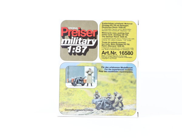 Preiser H0 16575 Figurenset Bausatz "Kradschützen schiebend. Motorrad"
