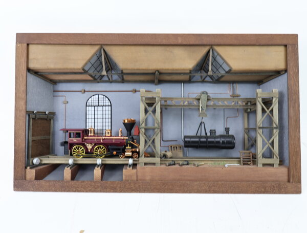 Diorama Wandbild Dampflok in Werkstatt mit Portalkran 3D