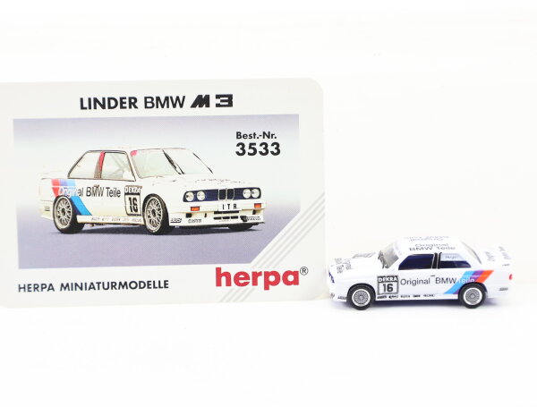 Herpa H0 3533 Modellauto PKW Linder BMW M3 Weiß mit Aufschrift 1:87