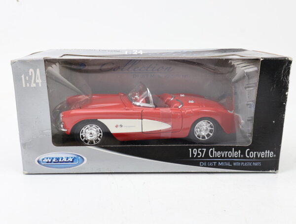 Welly Modellauto PKW 1957 Chevrolet Corvette Cabrio Die Cast Metal Rot 1:24