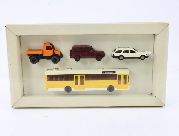 Wiking H0 Modellauto Set Werbemodell Unimog Bus O 405 G Modell S124 4-tlg. 1:87