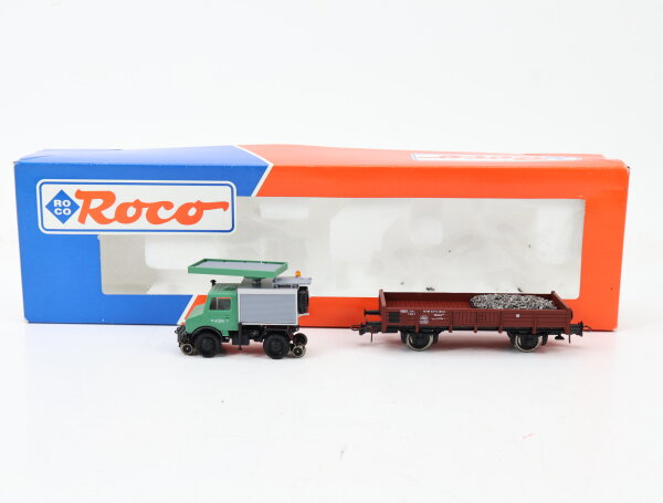 Roco H0 47495 Güterwagen + Schienen-LKW 2-Wege Unimog mit Arbeitsbühne