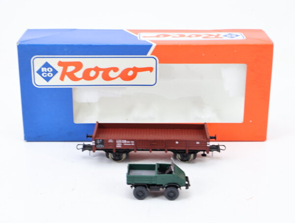Roco H0 46998 Güterwagen Niederbordwagen mit Unimog moosgrün 462 129 DB / NEM