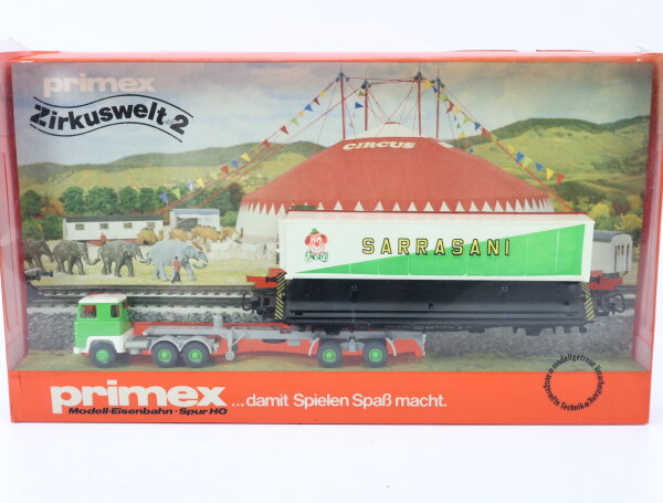 Primex H0 4585 Güterwagen-Set Containerwagen Zirkuswelt 2 "Sarrasani" + LKW OVP