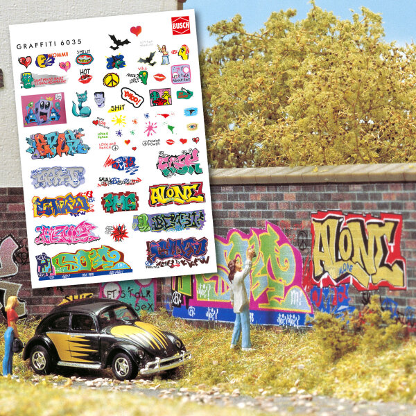 Busch H0 TT N 6035 Graffiti-Bogen zum Anreiben mit typischen Motiven