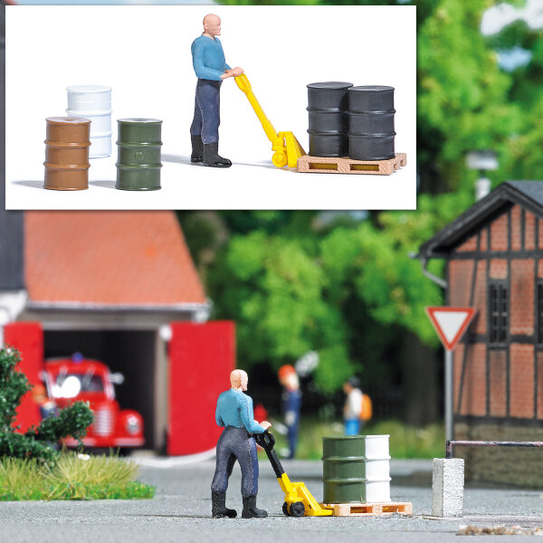 Busch H0 7809 Action Set: Hubwagen mit Figur Szenenset Diorama 1:87