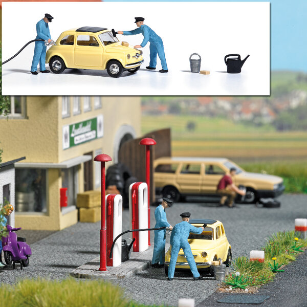 Busch H0 7820 Action Set: Volltanken mit Figuren & PKW Szenenset Diorama 1:87