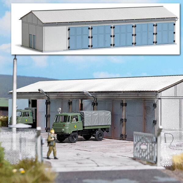 Busch H0 9608 Gebäude-Bausatz Fahrzeughalle 5-teilig Stellplätze Werkstatt 1:87