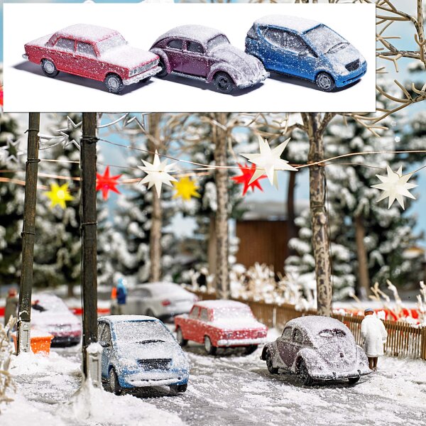 Busch H0 89010 Modellauto 3 verschneite Autos Szenenset Diorama 1:87