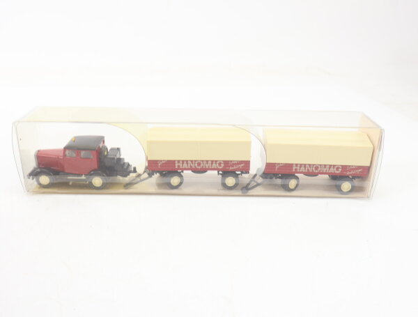 Wiking H0 27850 Modellauto Hanomag ST 100 mit zwei Anhängern Rot 1:87