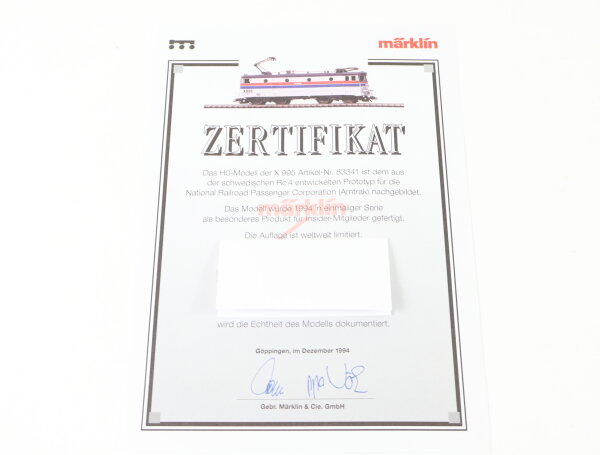 Märklin H0 83341 Insider-Zertifikat für Elektrolok E-Lok Rc 4 "Amtrak X995"
