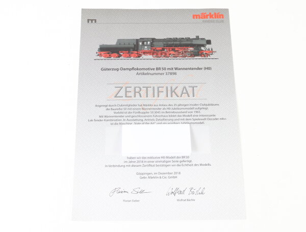 Märklin H0 37898 Insider-Zertifikat für Dampflok mit Wannentender BR 50 3045 DB