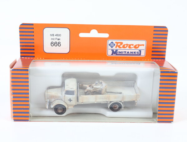 Roco minitanks H0 666 Militärfahrzeug LKW MB 4500 mit Flak gealtert 1:87